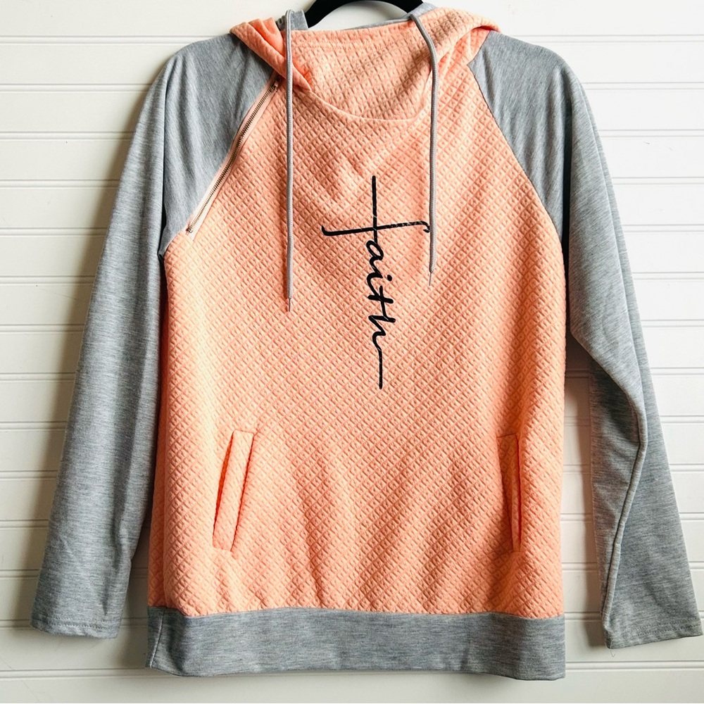 Womens Hoodie - FAITH - Cross Gray & Peach Small